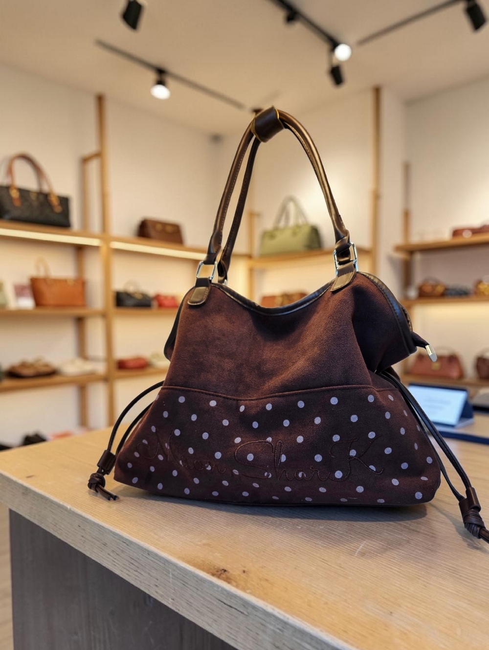SALE!! Y2K Vintage Style Polka Dot Brown Suede Shoulder Bag by Mangmao  NWT